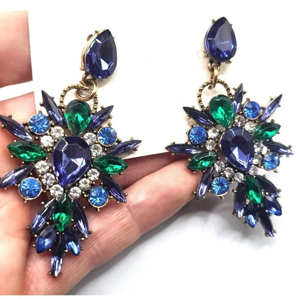 Bold Blue Green Chandelier Chunky Earrings 2.75in
